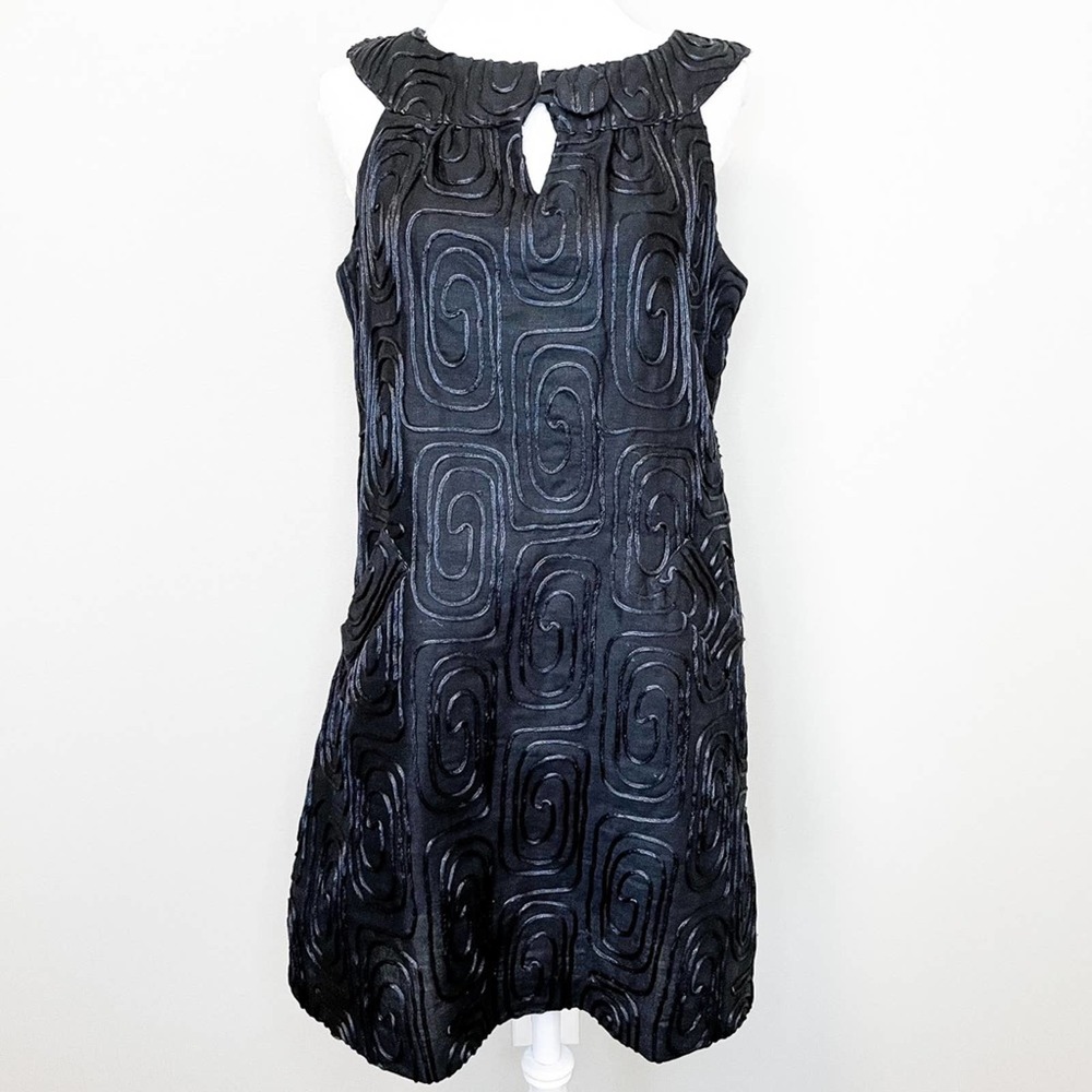 Vintage BB Dakota Black 100% Linen Geometric Shift Dress Size Medium